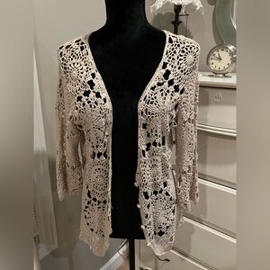 Newport News Cream Cardigan with Intricate Lace Pattern